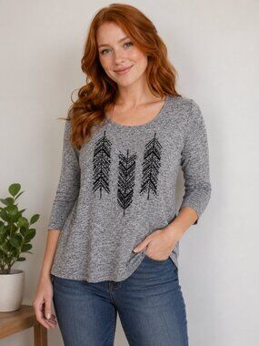Exclusive One Gray Marled Feather Graphic Top Women's Size Small 3/4 Sleeve Knit